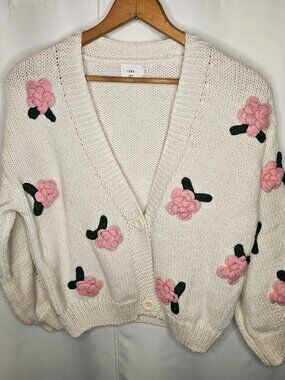 Luna Ivy 3D Rose Applique Chunky Knit Cardigan Sweater - Size XSmall